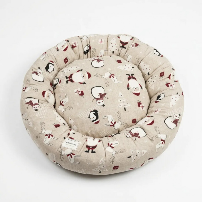 COUSSIN DONUT XL EN LIN NOEL - CHIEN OU CHAT