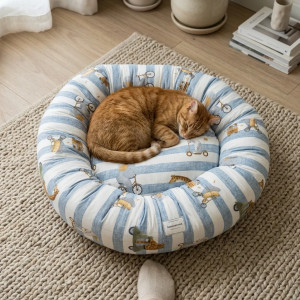 COUSSIN DONUT XL EN LIN HAPPY BLEU - CHIEN OU CHAT