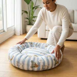 COUSSIN DONUT XL EN LIN HAPPY BLEU - CHIEN OU CHAT