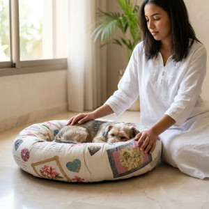 COUSSIN DONUT XL EN LIN COZY FLOWER - CHIEN OU CHAT