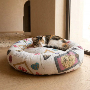 COUSSIN DONUT XL EN LIN COZY FLOWER - CHIEN OU CHAT
