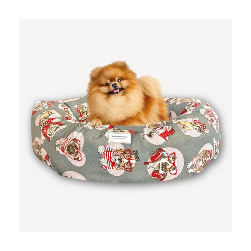 COUSSIN DONUT XL EN LIN DOGS LOVER GRIS - CHIEN OU CHAT